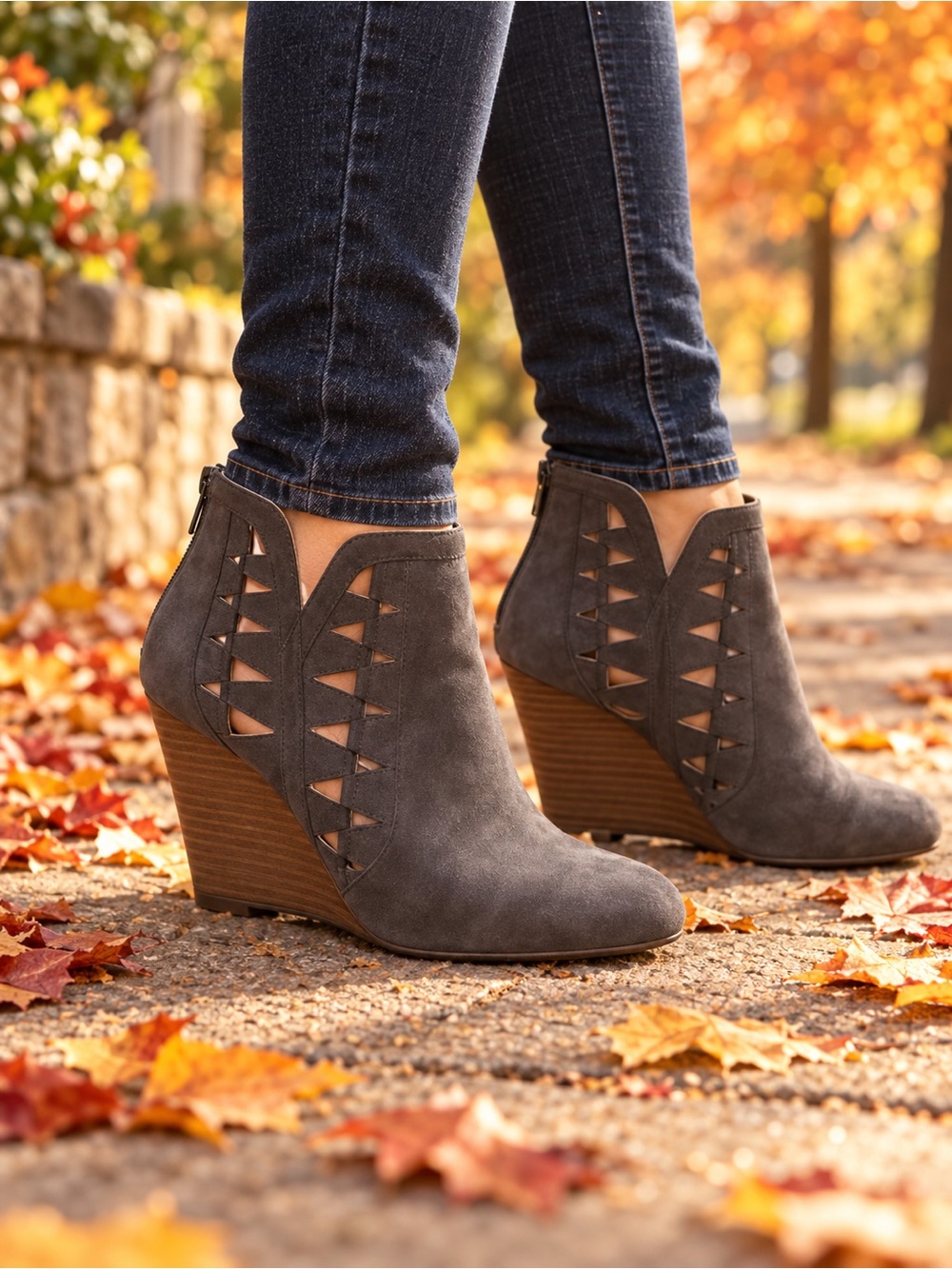 Report Suede Gray Wedge Ankle Booties - Stylish Cutout Design